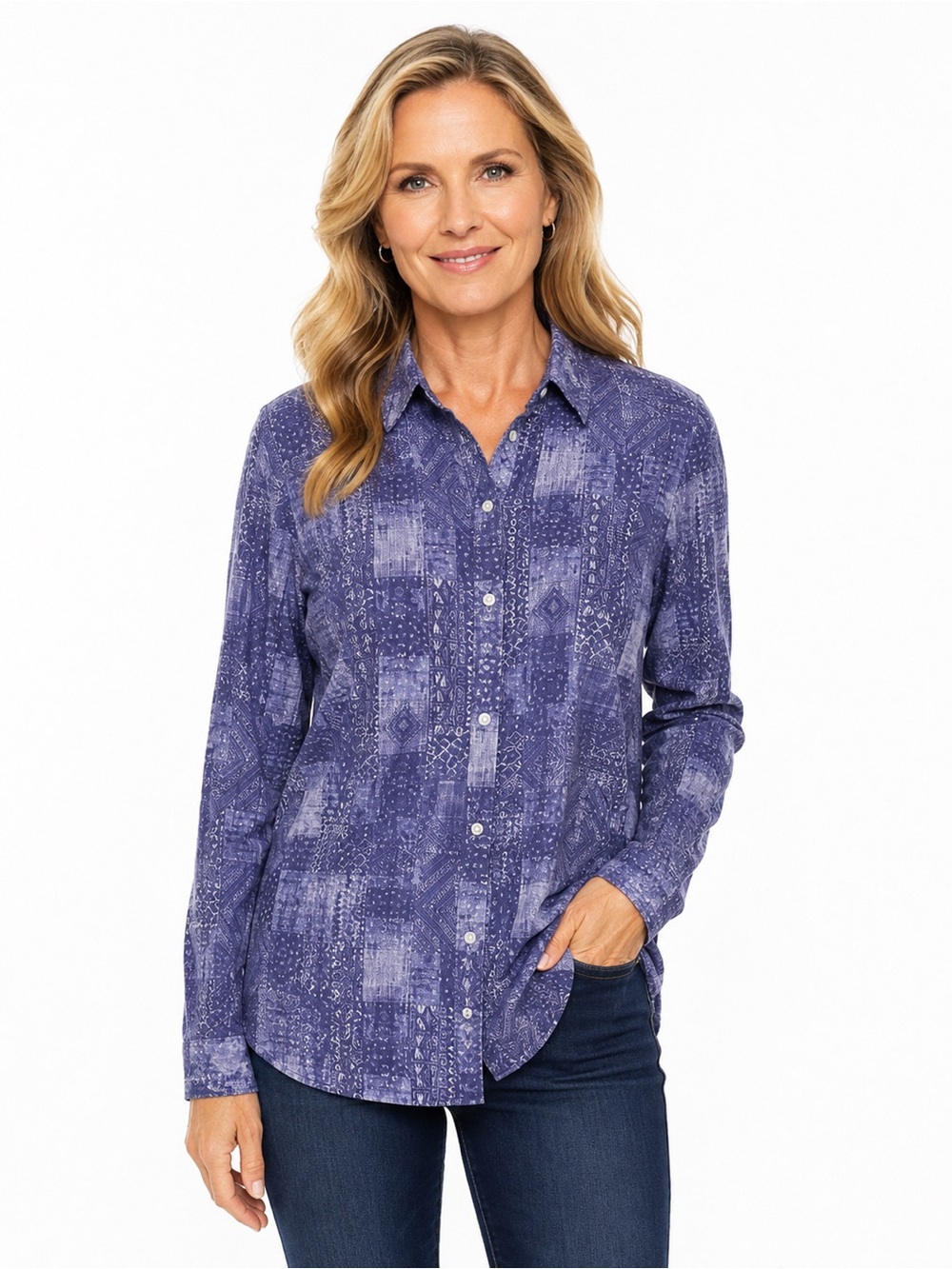 J. McLaughlin Lois Crinkle Shirt‎ Size Medium Purple Patchwork Button Up Blouse